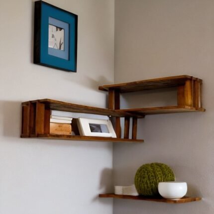 wooden shelf, wooden corner shelf