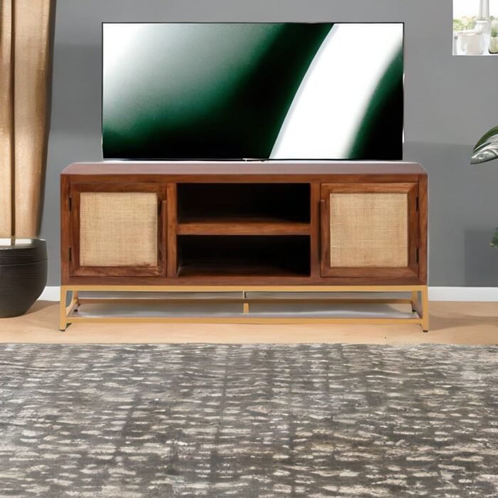 Solid Wood Brown Finish Iron Base Tv Unit