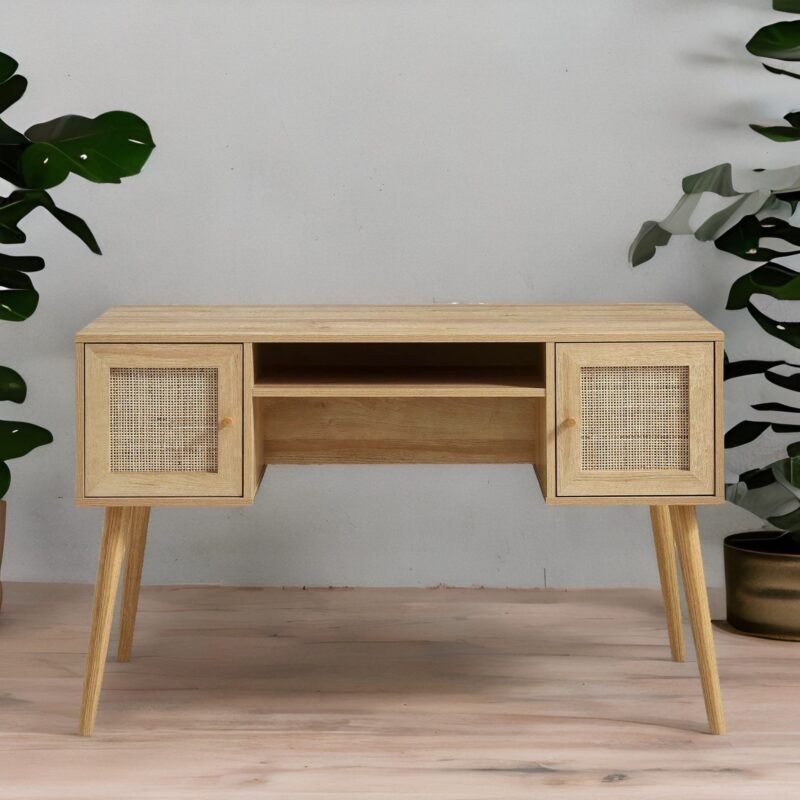 Solid Wood Rattan 2- Door Desk