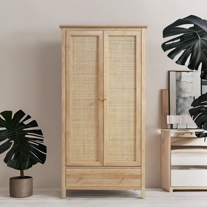 Wood Rattan Natural Finish 2 Door Wardrobe